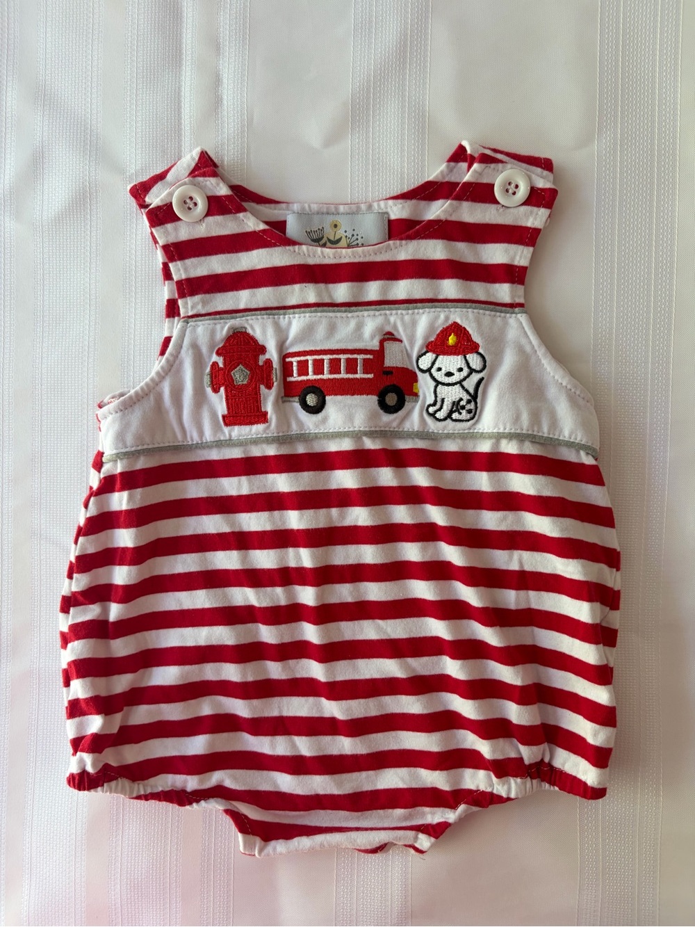 Addie Lou Blu Fire Truck Dalmatian Red Stripe Embroidered Bubble Romper 12m